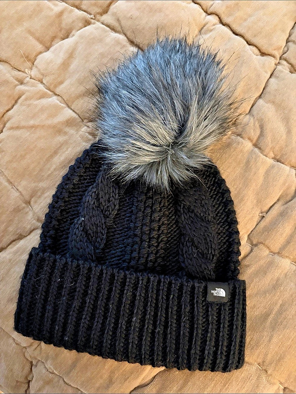 The North Face Kids' Oh Mega Fur Pom Beanie Cable Knit Pom Beanie in Black &